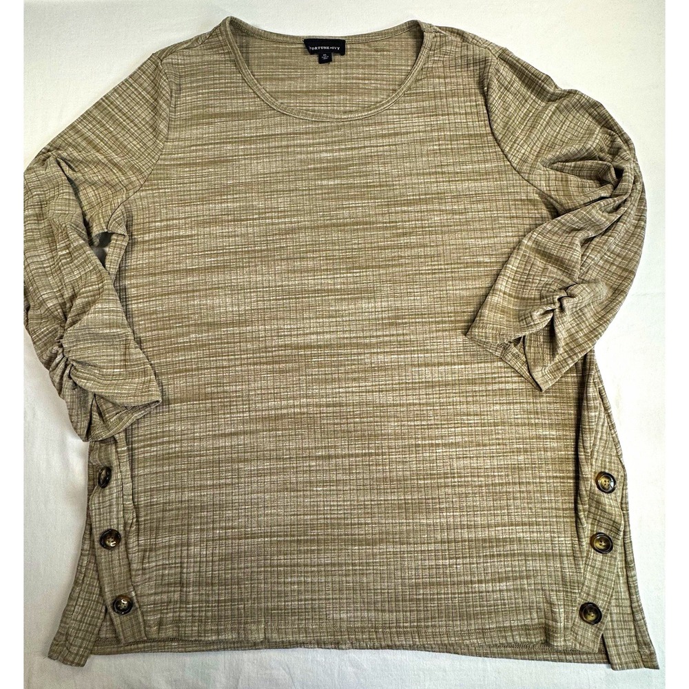 Fortune + Ivy Women's Beige Striped Knit Long Sleeve Round Neck Top, Size XL